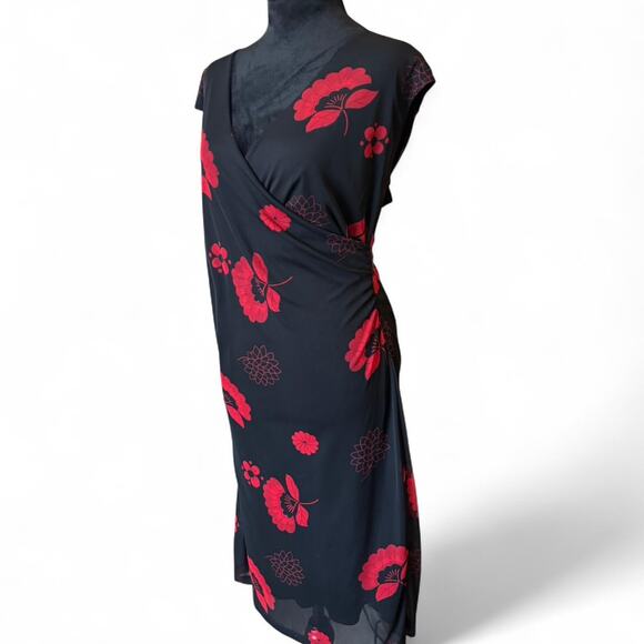 FLP Faith Love & Passion Black Red Floral Ruched Midi Dress L - Picture 3 of 8